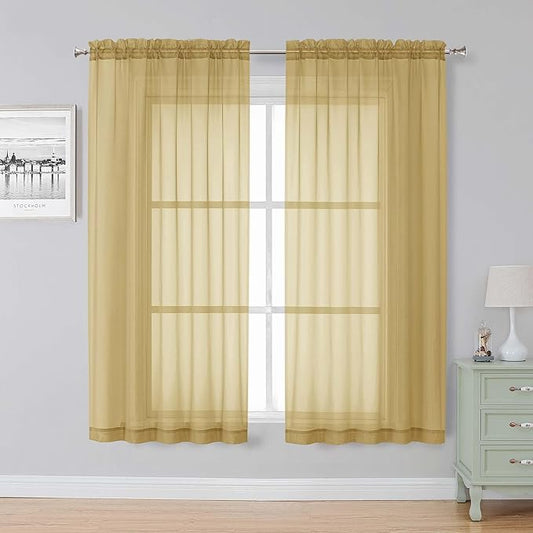 Simplebrand Gold Sheer Curtains, 63" Length, 2 Panels Set - Light Filtering, Rod Pocket Window Curtains for Bedroom (Gold, 59" W x 63" L)