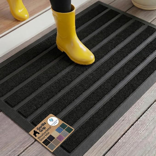 GORILLA GRIP 100% Waterproof All-Season WeatherMAX Doormat US Designed Natural Rubber, Stain and Fade Resistant, Low Profile Indoor Outdoor Door Mats, Easy Clean Patio Mat, 23x35, Black Stripe