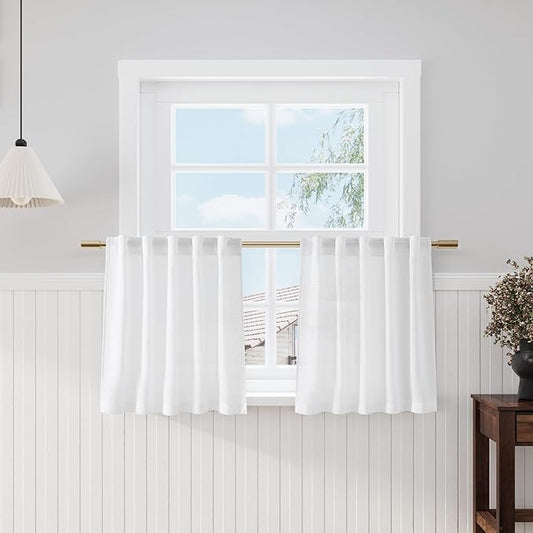 Nanspring 24 Inch White Linen Curtains for Kitchen Windows Over Sink - Cafe Semi Sheer Curtains Back Tab and Rod Pocket Modern Farmhouse Curtain for Bathroom 34 x 24 Inch,2 Panels