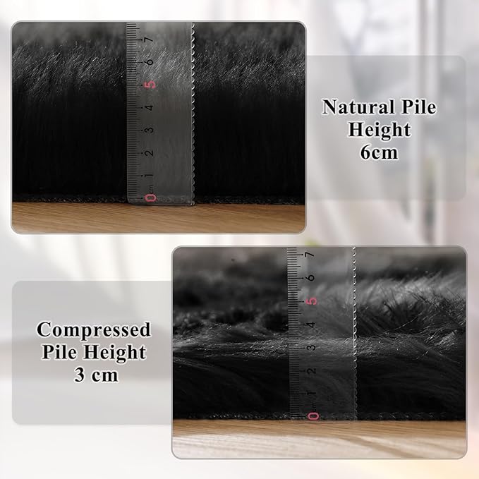 ORINOVA Black Fluffy Faux Fur Rug for Living Room Shag Circle Washable Area Rugs for Bedroom Round Rug 4ft Cute Room Décor