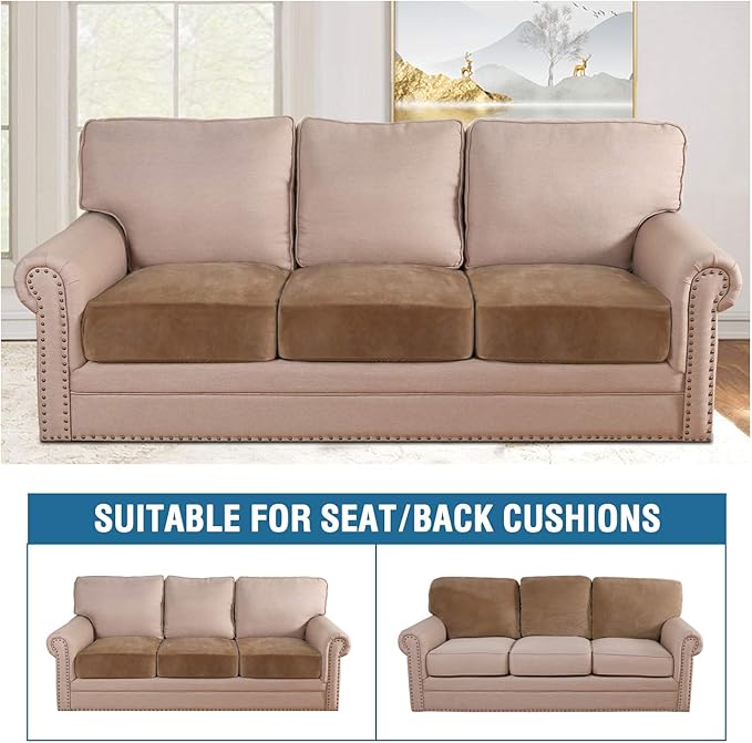 H.VERSAILTEX Velvet Stretch Couch Cushion Cover Plush Cushion Slipcover for Chair Loveseat Sofa Cushion Furniture Protector Seat Cushion Sofa Cover (3 Piece Sofa Cushion Covers, Camel)