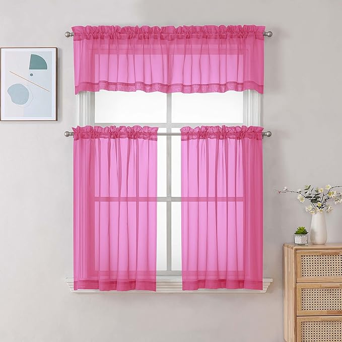 Chyhomenyc Sheer Valances for Windows, Light Filtering Small Window Curtains for Living Room Bathroom Cafe Laundry Basement, Top Dual Rod Pocket Voile Curtain, 42Wx14L inches, Hot Pink, 2 Pieces