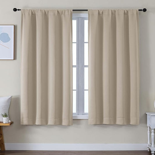 Simplebrand Ava Biscotti Beige Blackout Curtains for Bedroom 63 Inch Length 2 Panels Set, Solid Thermal Insulated Privacy Living Room Window Treatment Curtains Blackout Drapes, W50 x L63 Inch