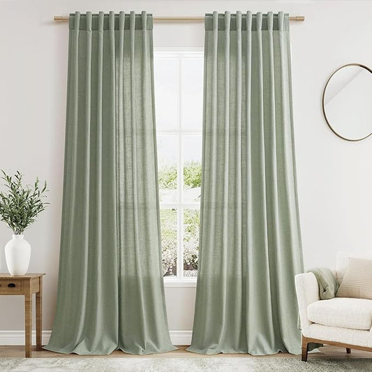 Desert Sage Linen 112 Inch Curtains for Living Room Light Filtering Semi Sheer Curtain Back Tab Rustic Farmhouse Decor Elegant Drapes Floor to Ceiling High Window for Bedroom 52x112, 2 Panels