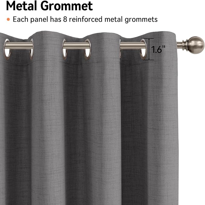 100% Blackout Shield Linen Blackout Curtains for Bedroom, Dark Gray Grommet Curtains for Living Room, Thermal Insulated Room Darkening Drapes for Nursery, Boho Home Decor, 50" W x 63" L, 2 Panels