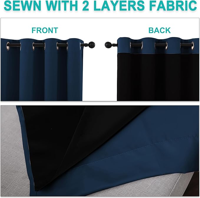 NICETOWN 100% Blackout Short Curtains with Black Liners, 2 Panels, 37" W by 50" L, Moroccan Blue, Thermal Insulated Full Blackout 2-Layer Lined Drapes, Energy Efficiency Window Draperies for Bedroom