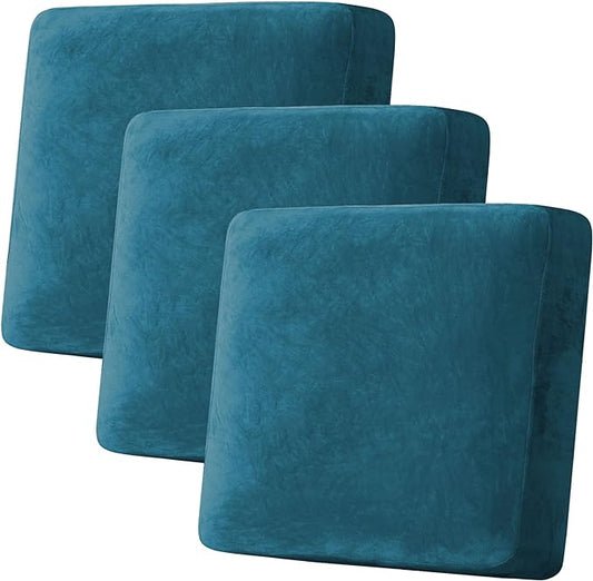 H.VERSAILTEX Velvet Stretch Couch Cushion Cover Plush Cushion Slipcover for Chair Loveseat Sofa Cushion Furniture Protector Seat Cushion Sofa Cover (3 Piece XL Sofa Cushion Covers, Deep Teal)