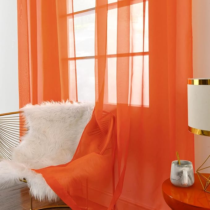 SpaceDresser Sheer Voile Window Treatment Rod Pocket Curtain Panels for Kitchen Bedroom Living Room Drapes Sunlight Filtering Privacy Semi Home Decor Assorted (Burnt Orange, 52 W x 90 L)
