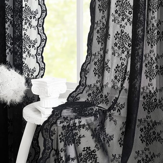 YJ YANJUN Vintage Lace Curtains 72 inch Length Goth Black Floral Sheer Sidelight Curtains for Front Door Coffin/Dark/Halloween/Spooky/Skull/Moody/Witch/Creepy Room Decor 52" W x 72" L