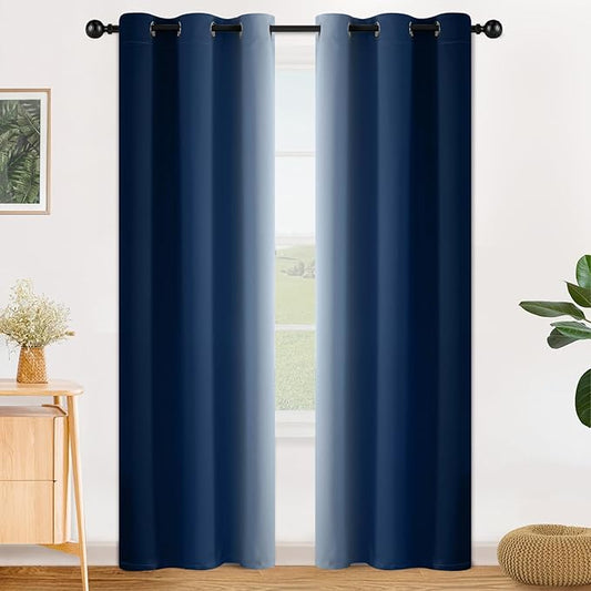 SimpleHome Ombre Room Darkening Curtains for Bedroom, Gradient Blue to Grey White Light Blocking Thermal Insulated Grommet Window Curtain/Drapes for Living Room,2 Panels, 42x84 inches Length
