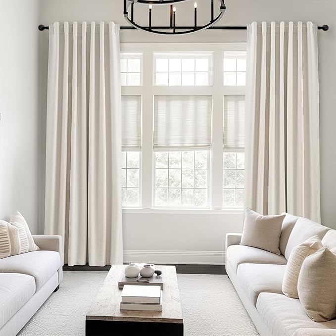 Topfinel 100% Blackout Linen Curtains 72 Inch Long Ivory Blackout Cream White Curtains, Pinch Pleated Back Tab Sun Blocking Drapes with Hooks Room Darkening Heat Reducing 52" X 72" Christmas