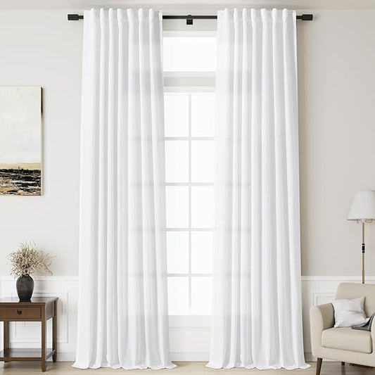 Linen White Curtains 135 inch Extra Long for Living Room Back Tab Light Filtering Semi Sheer Drapes Modern Farmhouse Coastal Decor Cotton Textured Curtain for Floor to Ceiling High Window 52x135
