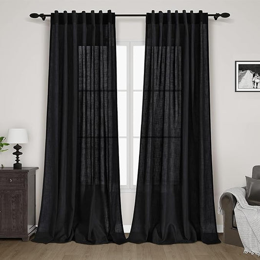 Nanspring Extra Long Black Curtain 102 inches Long 2 Panels Set for Living Room Back Tab Modern Farmhouse Muslin Look Decor Cotton Textured Sheer Linen Curtains 102 inch Length for Large Window
