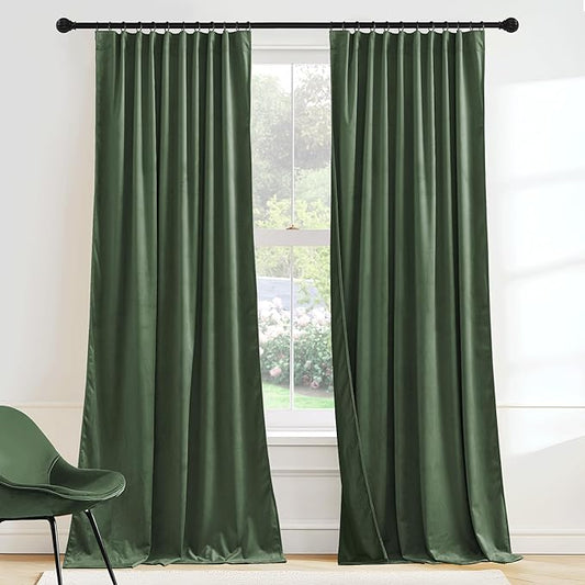 RYB HOME Elegant Green Velvet Curtains 84 inches Long, Light Blocking, Thermal Insulated, Stylish Velvet Drapes with Hook Belt for Cozy Home Aesthetics, 52" W x L102 L, 2 Panels Set