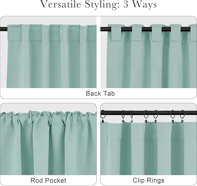 PONY DANCE Blackout Curtains Short - Bedroom Window Draperies Energy Efficient Thermal Insulated Back Tab/Rod Pocket Curtain Panels/Window Treatments for Kitchen, 42 W x 36 L, Mint Green, 2 Pieces