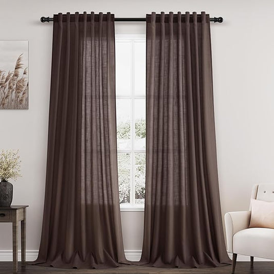 Coffee Linen Semi Sheer Curtains 120 Inches Long 2 Panels Set Back Tab Loop Pocket Linen Blend Boho Large Window Curtain Extra Long Light Filtering Drapes High Ceiling Curtains for Living Room 52x120