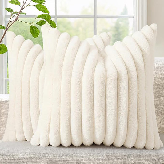 decorUhome Summer Cozy Faux Fur Throw Pillow Covers 22x22 Set of 2 Decorative Plush Striped Modern Farmhouse Boho Couch Euro Sham Pillow Cases with Velvet Back for Sofa Bed Living Room, Cream White