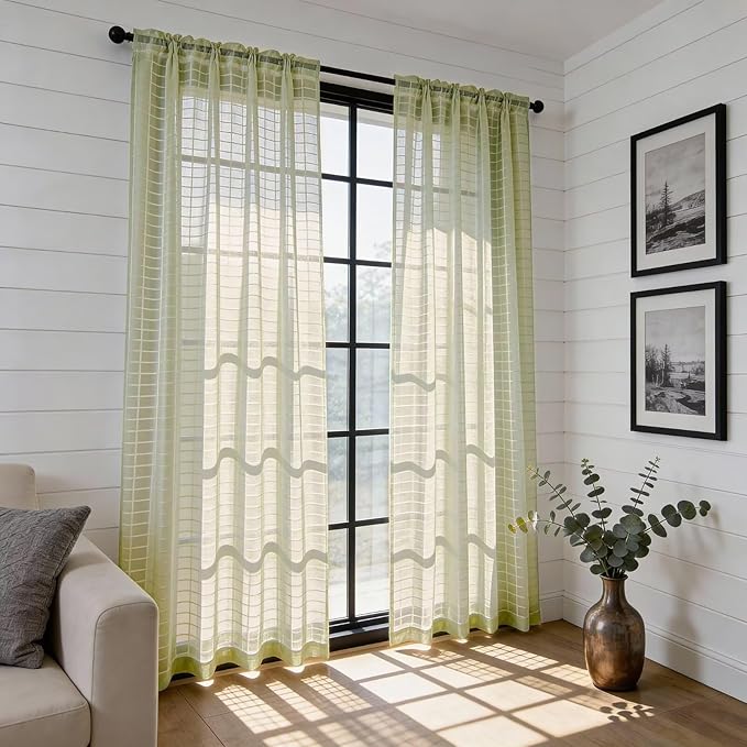 SpaceDresser Check Sheer Curtains 63 Inches 2 Panels Set, Rod Pocket Plaid Window Curtain for Living Room, Sage Green Semi Sheer Drapes for Kitchen Bedroom Children Room Yard（Sage Green, 52W x 63L）