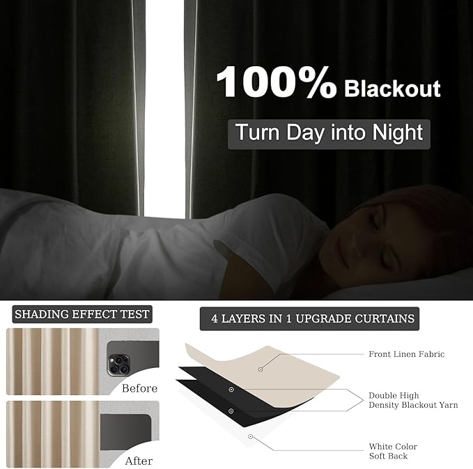 Topfinel Beige White 100% Blackout Curtains 72 Inches Long 2 Panels for Bedroom Natural Linen Heavy Insulated Bay Window Curtains Modern Neutral Drapes for Bedroom/Cabin/Kitchen (W52 x L72)