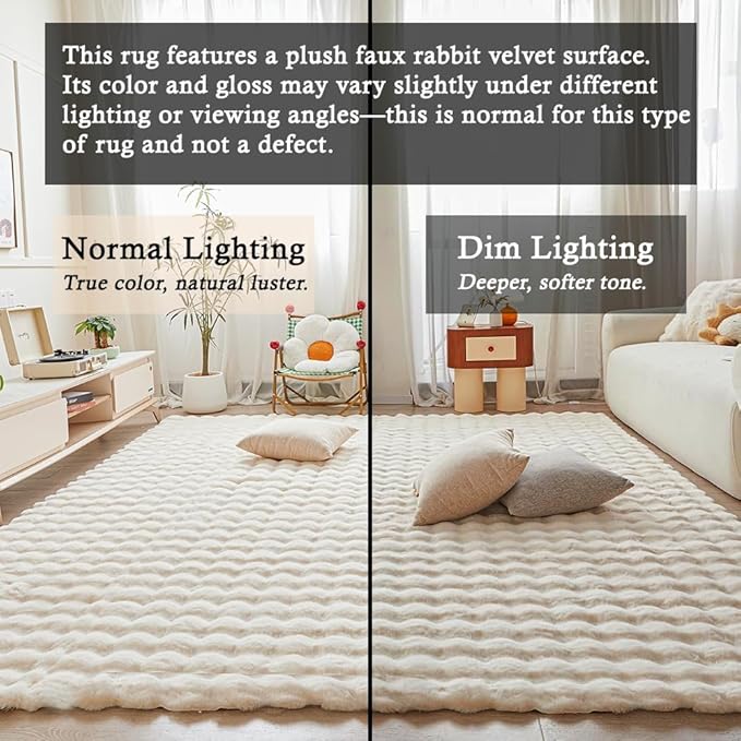 Creamy White Rabbit Plush Rug 8'x10', Fluffy Faux Fur Shaggy Area Rug for Nursery, Kids Room Decor, Soft Fuzzy Carpet for Living Room, Bedroom, Teen Girls Room