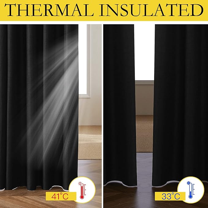 NICETOWN Black Truly Blackout Linen Blend Flax Drapes for Office, Vintage Grommet 100% Blackout Curtains with White Liner Backing for Kitchen Dorm Window（Set of 2, 52 inches Wide x 63 inches Long