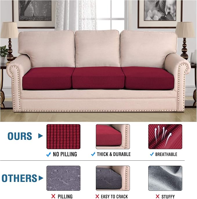 H.VERSAILTEX Super Stretch Couch Cushion Covers Sofa Cushion Slipcovers Jacquard Fabric Individual Seat Couch Slipcover Sets for Pets with Elastic Bottom(3 Packs Cushion Sofa Covers, Burgundy Red)