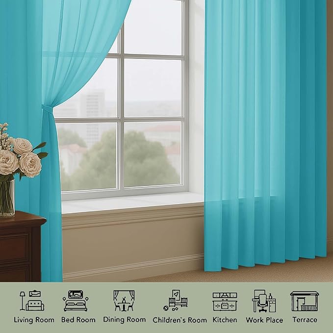 OWENIE Turquoise Sheer Curtains 72 Inches Long 2 Panels Set, Transparent Voile Sheer Curtain for Living Room Bedroom Window Sliding Glass Door Treatment, 59 x 72 Inch, Turquoise