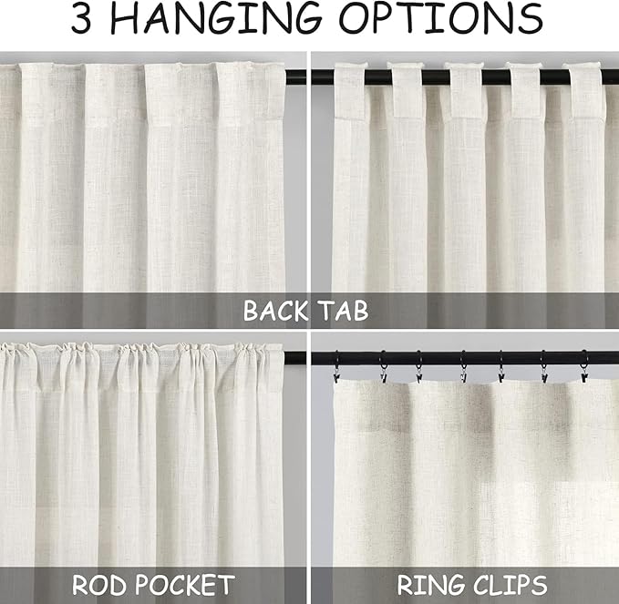 Nanspring Linen Curtains 40 Inch Length for Short Window - Small Semi Sheer Curtains for Cafe Kitchen Bedroom Rustic Farmhouse Decor Light Filtering Cream Curtain, 2 Panels