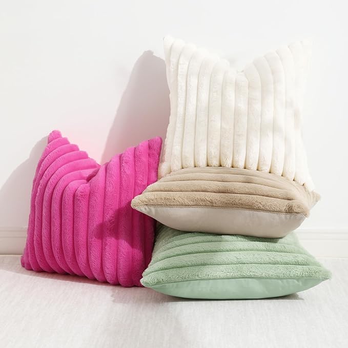 decorUhome Summer Cozy Faux Fur Throw Pillow Covers 26x26 Set of 2 Decorative Plush Striped Modern Farmhouse Boho Couch Euro Sham Pillow Cases with Velvet Back for Sofa Bed Living Room, Sage Green