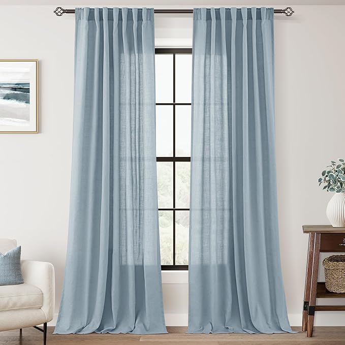 Dusty Blue Linen Curtains for Living Room Back Tab Light Filtering Semi Sheer Light Blue Bedroom Curtain Linen Cotton Textured Grey Blue Drapery Panel Airy Modern Farmhouse Aesthetic Decor 52x108 Long