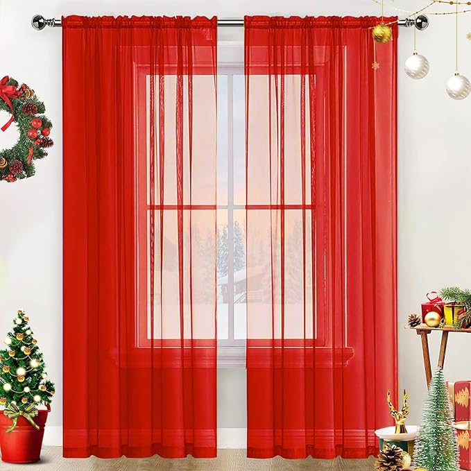 SpaceDresser Basic Rod Pocket Sheer Voile Window Curtain Panels White 1 Pair 2 Panels 60 Width 84 Inch Long for Kitchen Bedroom Children Living Room Yard(Red,60 W x 84 L)