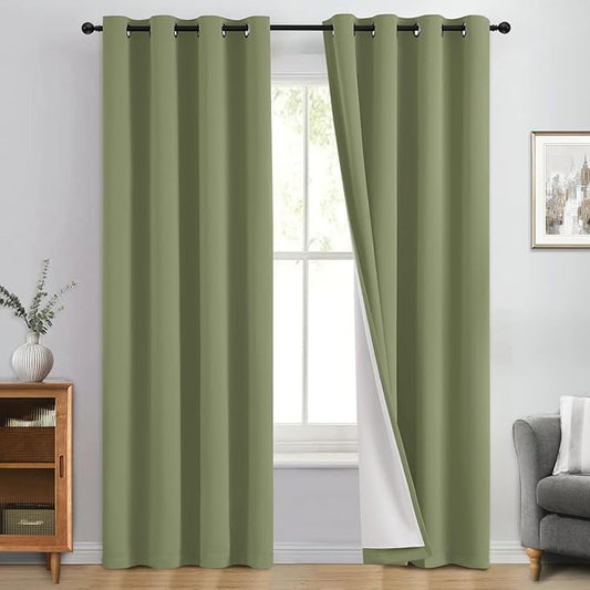 Yakamok 100% Blackout Curtain Panels 84 inches Cold and Light Blocking Drapes for Nursery, 2 Thick Layers Thermal Insulated Draperies (2 Pieces, 50 Wide Each Panel, Sage Front with White Backing)