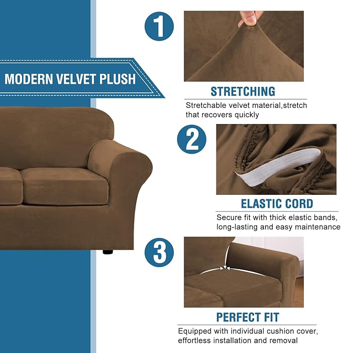 H.VERSAILTEX High Stretch Sofa Slipcover 4 Piece Cover Velvet Furniture Protector Form Fit Thick Velvet Extra Large Sofa Cover for 3 Cushion Couch Width Up to 97 Inch (Large Sofa, Bronze Brown)