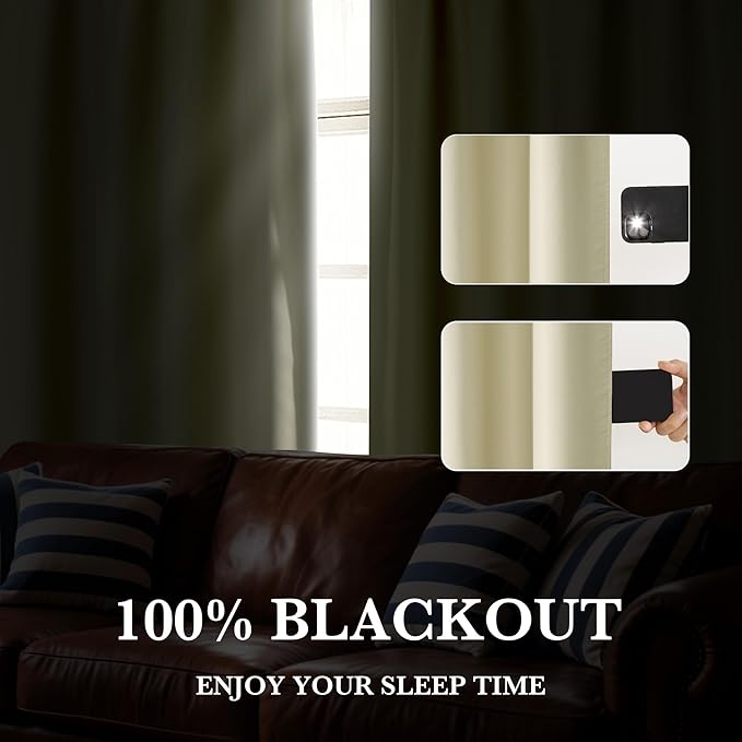 RYB HOME 100% Blackout Short Curtains for Small Window, Thermal Insulated Total Room Darkening Noise Reducing Curtains for Kitchen Bathroom Basement, 34 inches Wide by 45 inches Long, Beige