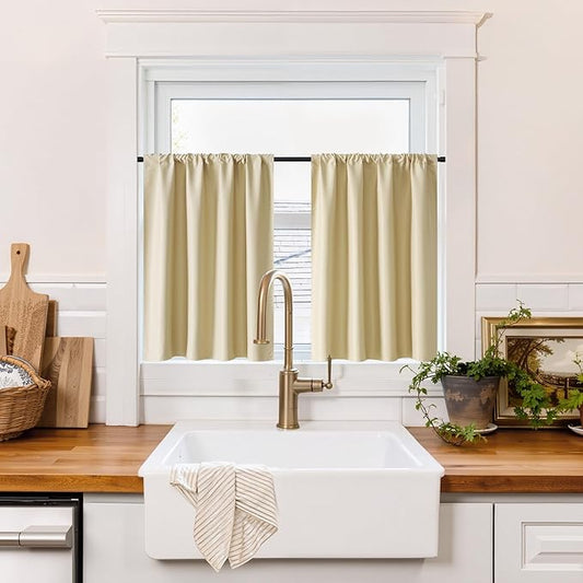 RYB HOME 100% Blackout Basement Curtains 30 inches Long, Heat & UV Blocking Total Room Darkening Noise Reducing Curtains for Bathroom RV Campers, Biscotti Beige, 2 Panels Set