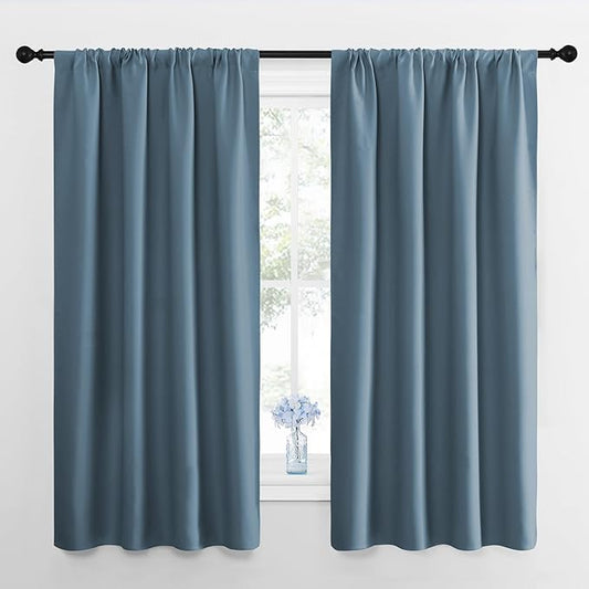 NICETOWN Kitchen Curtains, Short Blackout Drapes, Smoky Blue, 34 in x 45 in (W x L), Set of 2, Thermal Insulated Rod Pocket Window Treatment Draperies for Nursery