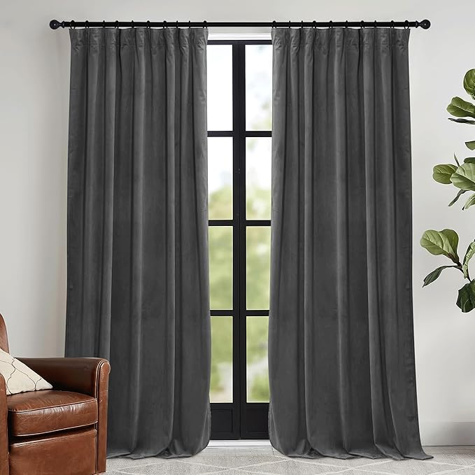 RYB HOME Grey Velvet Curtains 90 inches - Super Soft Blackout Curtains Thermal Insulated Drapes Heat Block Room Darkening Panels for Bedroom/Studio, Wide 52 x Long 90, Grey, 2 Panels