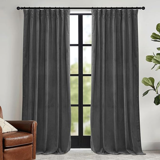 RYB HOME Velvet Blackout Curtains for Bedroom - Super Soft Room Darkening Curtains Thermal Insulated Drapes Heat Block Window Panels for Living Room, Wide 52 x Long 96, Grey, 2 Panels
