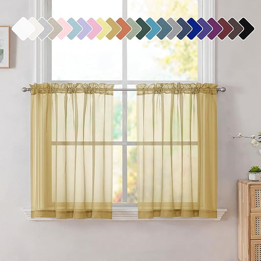Simplebrand Gold Sheer Tier Curtains for Kitchen 24 Inches Long 2 Panels Set, Rod Pocket Cafe Curtain Light Filtering Sheer Short Curtains for Bathroom/Basement Half Window 42 x 24 Inch