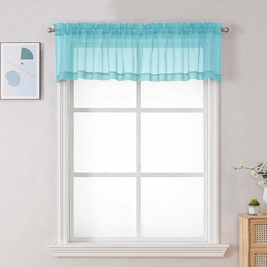 Chyhomenyc Sheer Valances for Windows, Light Filtering Small Window Curtains for Living Room Bathroom Cafe Laundry Basement, Modern Top Dual Rod Pocket Voile Curtain, 42Wx14L inches, Aqua, 2 Pieces