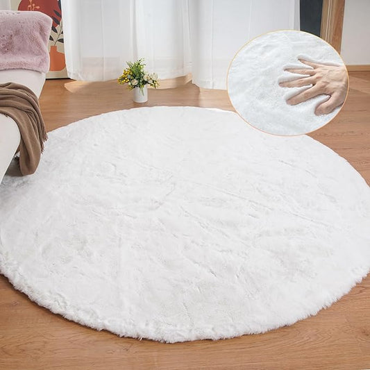 ORINOVA White Shag Round Rugs 8ft for Dining Room Table Faux Bunny Machine Washable Fur Area Rugs for Bedroom Living Room Nursery Circle Rug