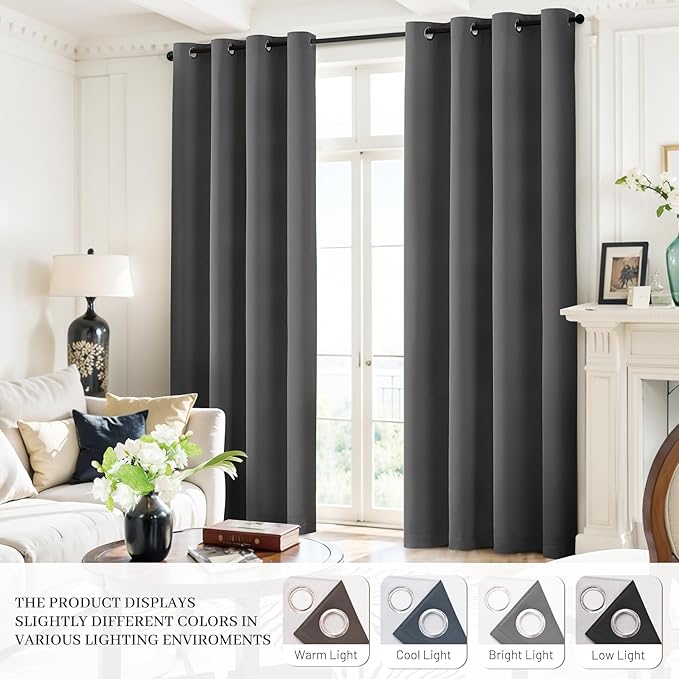 Yakamok Room Darkening 100% Blackout Curtains Grommet Window Treatments with 2 Thick Layers-Charcoal Grey Thermal Insulated Drapes Set of 2 Panels for Bedroom Living Room 38 Inches by 84 Inches Length