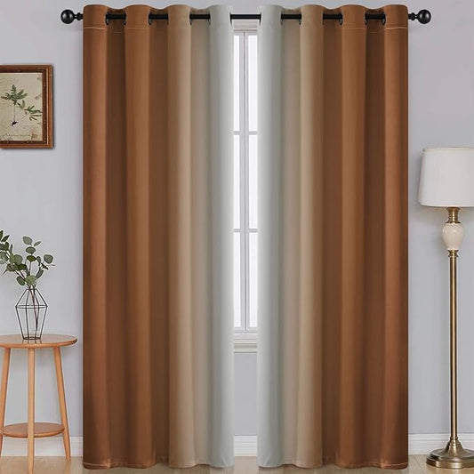 SimpleHome Ombre Room Darkening Curtains for Bedroom, Gradient Burnt Orange to Grey White Light Blocking Thermal Insulated Grommet Window Curtain/Drapes for Living Room,2 Panels, 52x63 inches Length