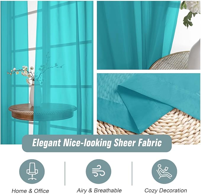 Turquoise Sheer Curtains 90 Inches Long 2 Panels, Light Filtering Solid Sheer Curtains for Bedroom Living Room, Lightweight Soft Airy Voile Sheer Drapes, Dual Rod Pocket, 2x42Wx90L Inches