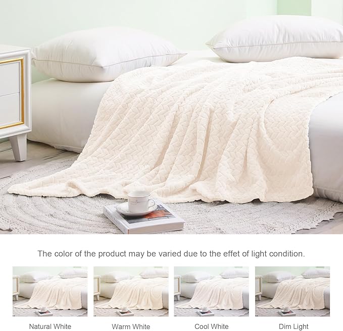 Exclusivo Mezcla Fleece King Size Blanket for Bed, 90x104 Inches Soft Cozy Jacquard Flannel Blankets, Lightweight Fuzzy Plush Warm for Women, Off White