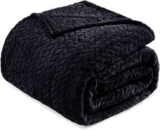 Exclusivo Mezcla Fleece Twin Size Blanket for Bed, 60x80 Inches Soft Cozy Jacquard Flannel Blankets, Lightweight Fuzzy Plush Warm for Women, Black