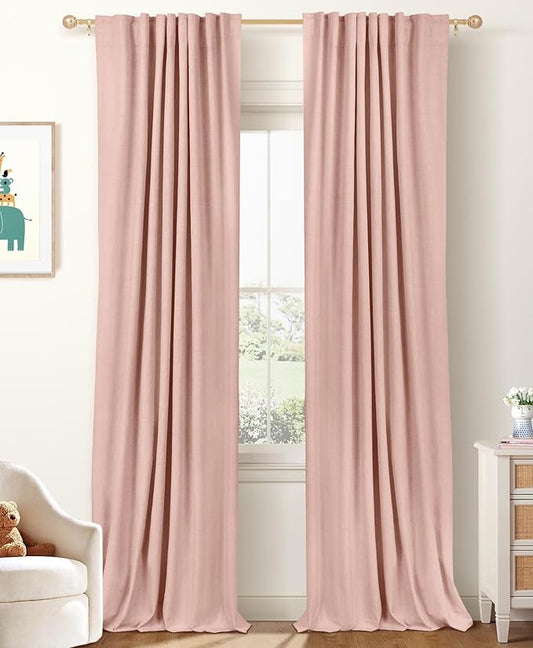 100% Blackout Shield Linen Blackout Curtains for Bedroom 108 Inches Long, Back Tab/Rod Pocket Living Room Drapes, Thermal Insulated Blackout Curtains 2 Panels Set, 50" W x 108" L, Blush Pink