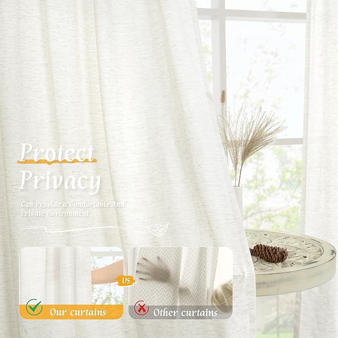 LAMIT Faux Linen Curtains 63 inches Long for Bedroom, Ivory Rod Pocket Linen Drapes Light Filtering Semi Sheer Privacy Curtains for Small Window/Farmhouse, 2 Panels (52 x 63 Inch, Natural)