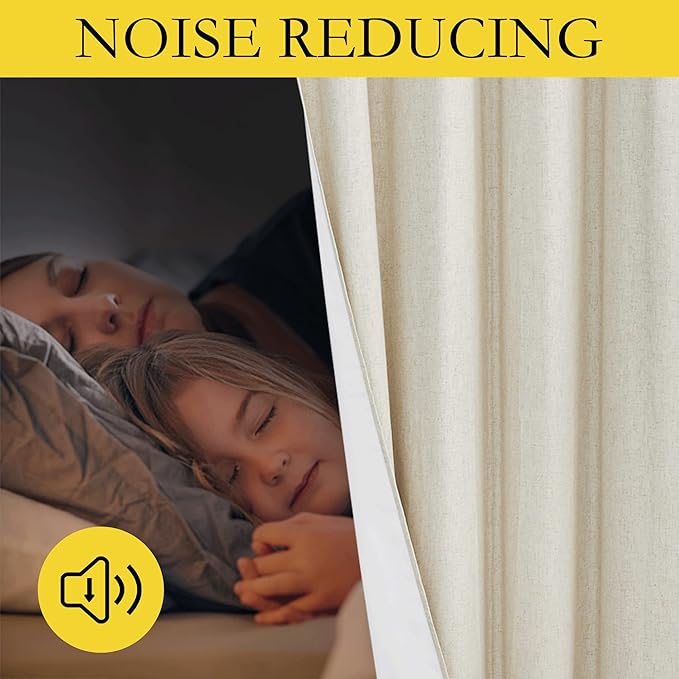 NICETOWN Natural Linen Complete Blackout Curtains 54 inches for Kids Room, 2 Panels, Thermal Insulated & Noise Reducing Window Draperies with White Liner, Noise Reducing Short Drapes