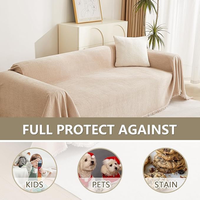 MYSKY HOME Chenille Couch Covers for Sectional Sofa, Couch Cover for Dogs, Washable Sofa Cover, Soft Furniture Protector, Sofa Covers for Futon, Loveseat, Cushion Cover with Tassel, 71"x 102", Khaki